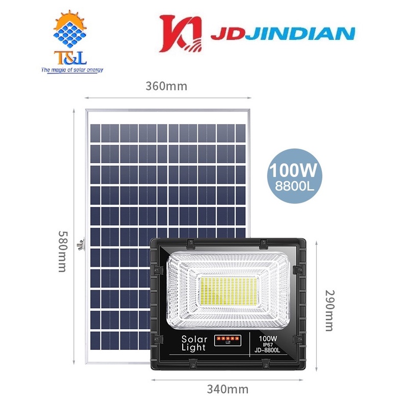 [JD-8800L] Đèn pha LED năng lượng mặt trời chính hãng Jindian JD8800L - Công Suất 100W