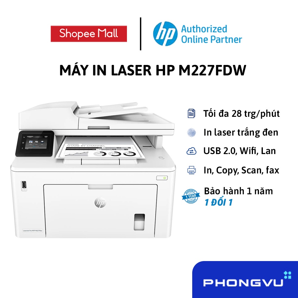 [LHP500 giảm 8% max 500K đơn từ 500K] - Máy in laser trắng đen HP M227FDW (G3Q75A) - Bảo hành 12 tháng