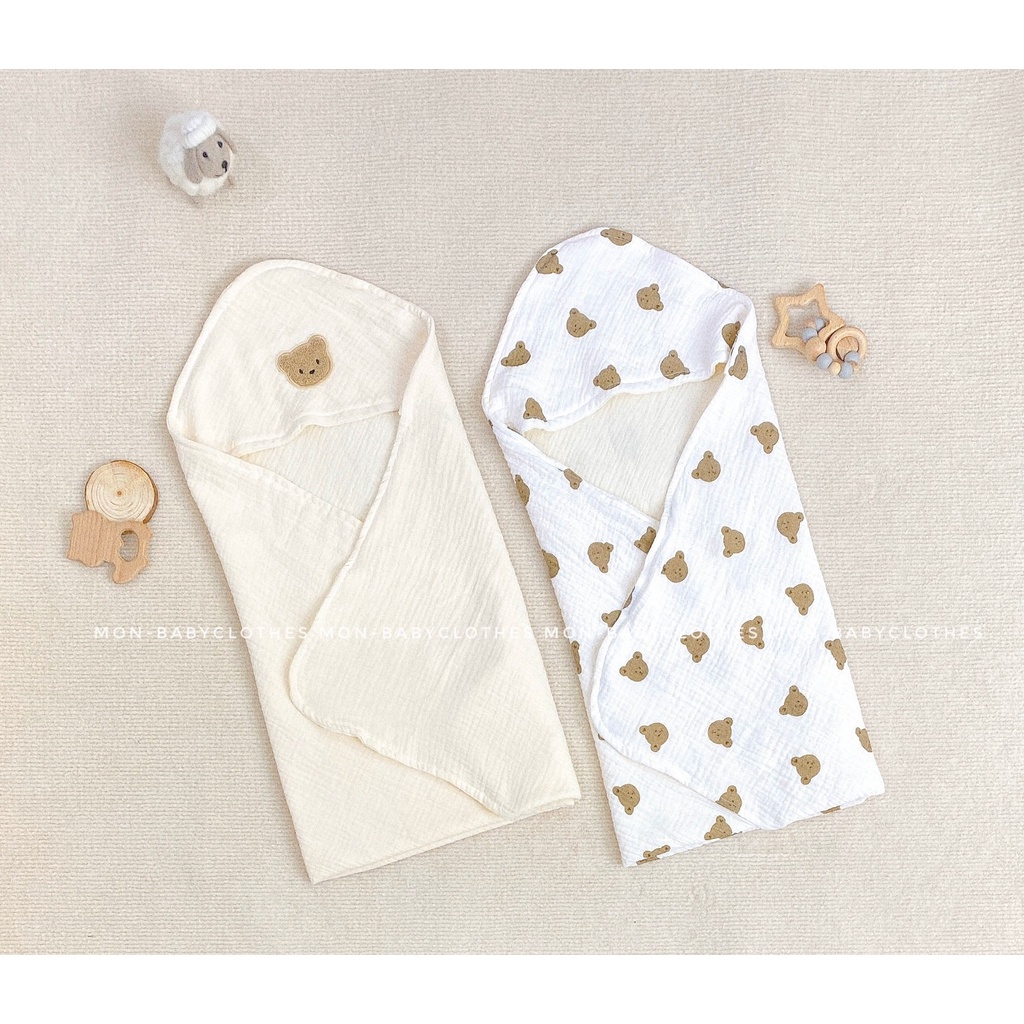 Chăn ủ xô MUSLIN 4 lớp cao cấp có mũ cho bé họa tiết gấu - Mon-babyclothes [ẢNH THẬT]