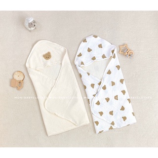 Chăn ủ xô MUSLIN 4 lớp cao cấp có mũ cho bé họa tiết gấu - Mon-babyclothes [ẢNH THẬT]