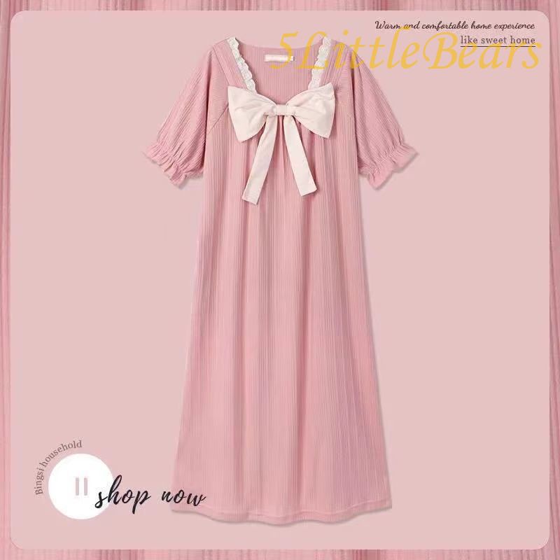 Đầm Ngủ Tay Ngắn Cổ Tròn Chất Liệu 100% Cotton Mỏng Nhẹ Đính Nơ Dễ Thương Thời Trang Mùa Hè Cho Nữ