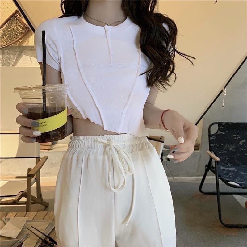 Áo Croptop Body Thun Gân Ngắn Tay Lệch Tà Viền Chỉ Nổi Cá Tính Năng Động Nổi Bật