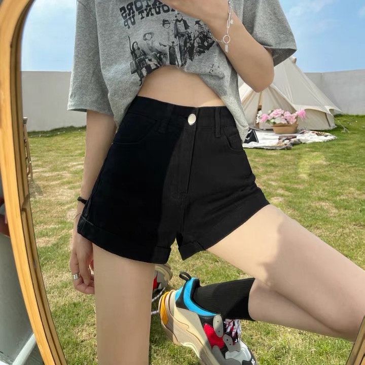 Quần short SUXI vải denim dáng chữ A lưng cao màu đen trơn cho nữ