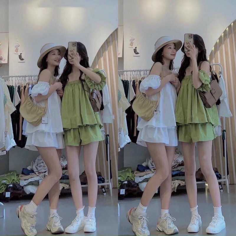 Set Đồ Nữ, Bộ Đồ Áo Nữ Trễ Vai Dáng Bồng Bềnh Chất Đũi Siêu Xinh