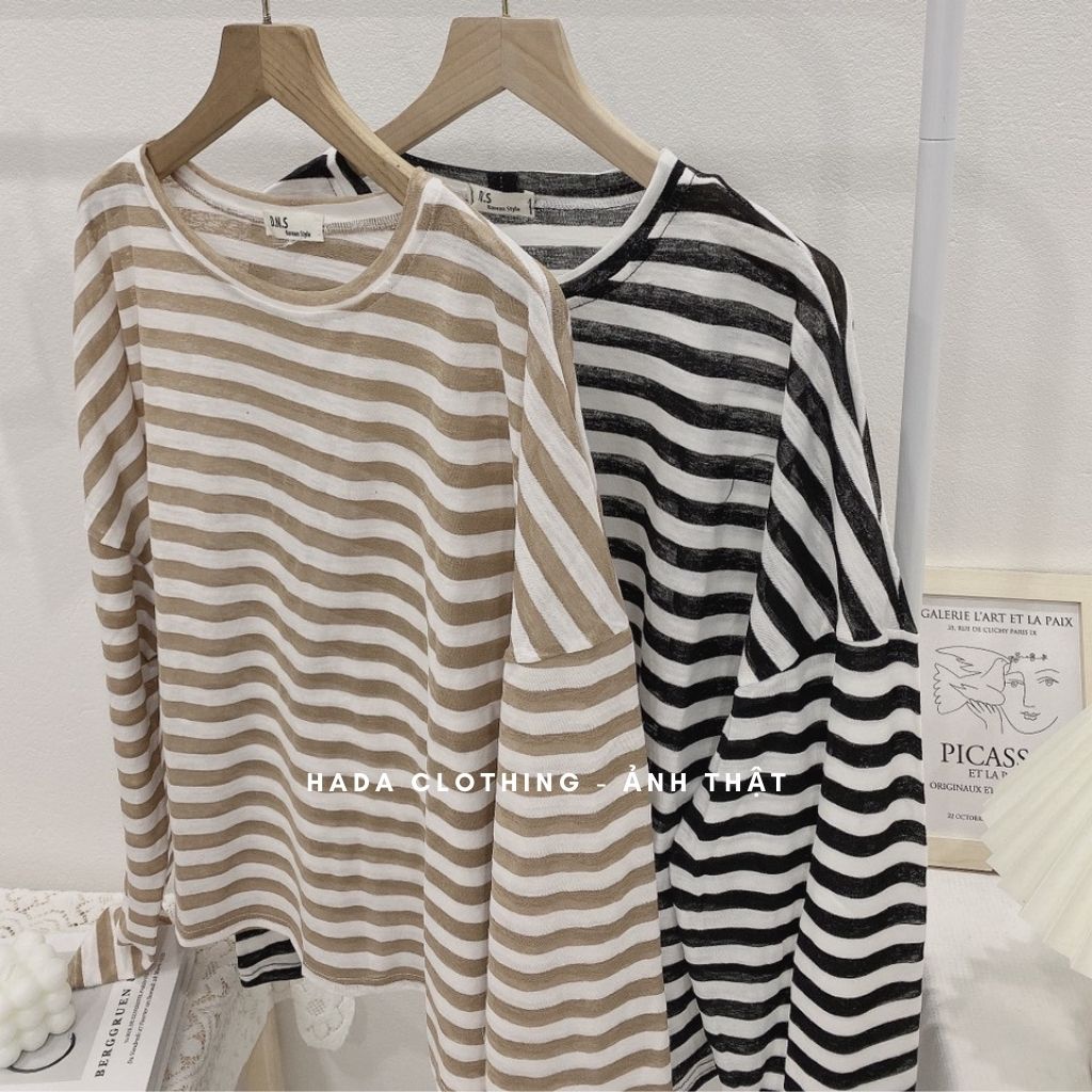 Áo pull kẻ nữ dài tay Hada, chất liệu giấy mỏng nhẹ phong cách vintage - AK05