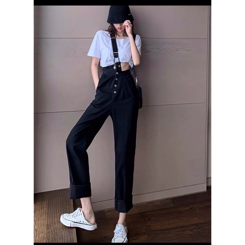 Quần bò yếm lệch cúc, phong cách Hàn trẻ trung, cá tính,  thích hợp mặc hè đi chơi, da ngoại | BigBuy360 - bigbuy360.vn