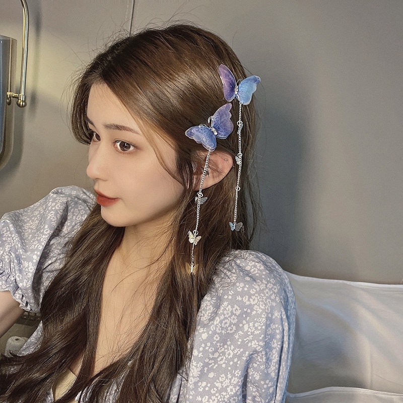 Kẹp tóc kim loại trang trí bươm bướm tua rua phong cách Hàn Quốc cổ điển xinh xắn cho nữ