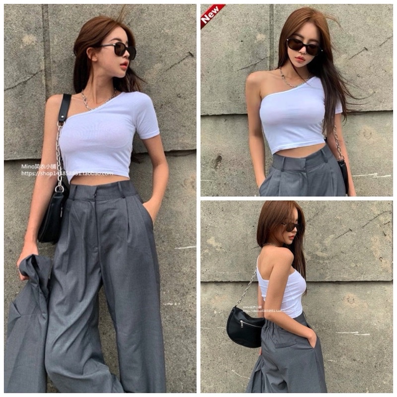 Áo Croptop Lệch Vai Tay Lửng (ẢNH THẬT)