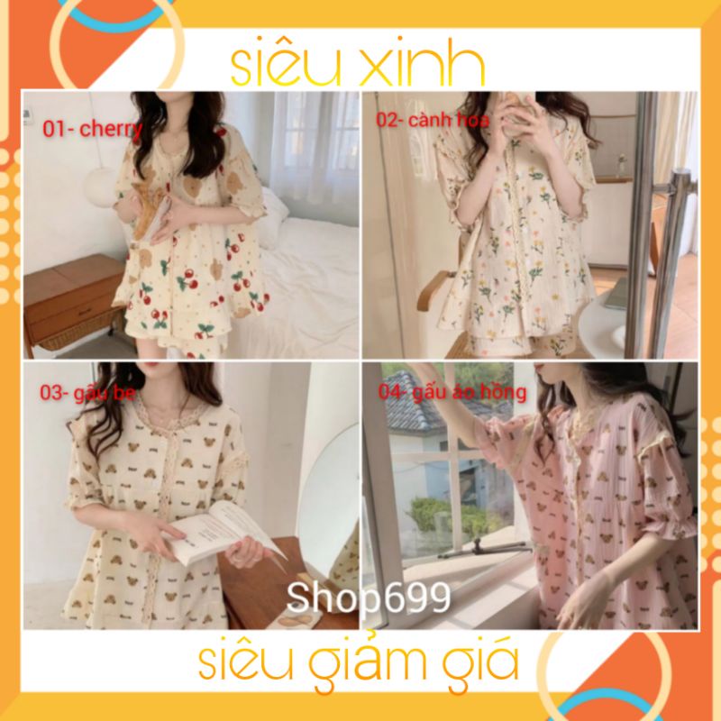 Bộ pijama ngắn tay quần đùi hoạ tiết siêu xinh hàng Quảng Châu cao cấp