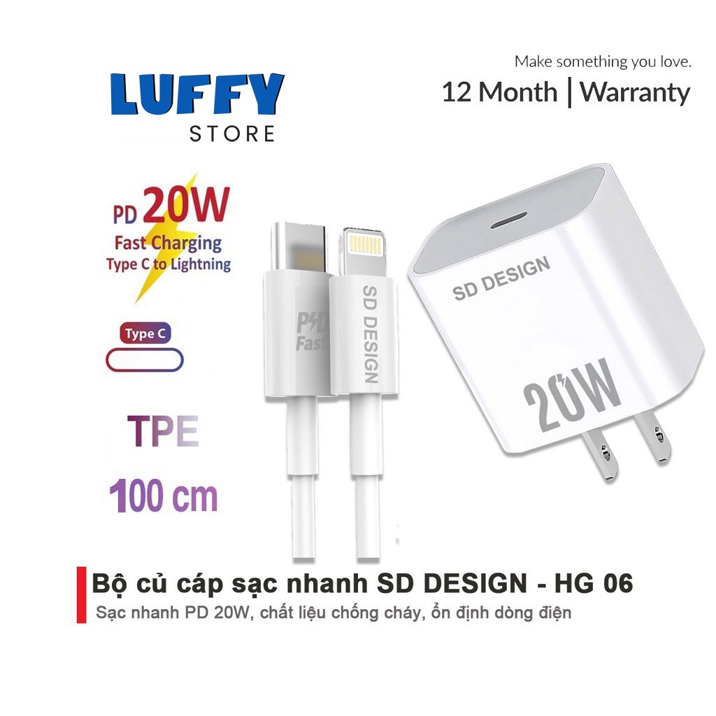 Bộ Củ Cáp Sạc Nhanh 20W chính hãng SD DESIGN HG 06 sạc ổn định an toàn cho điện thoại ip 6 đến 13 pro max