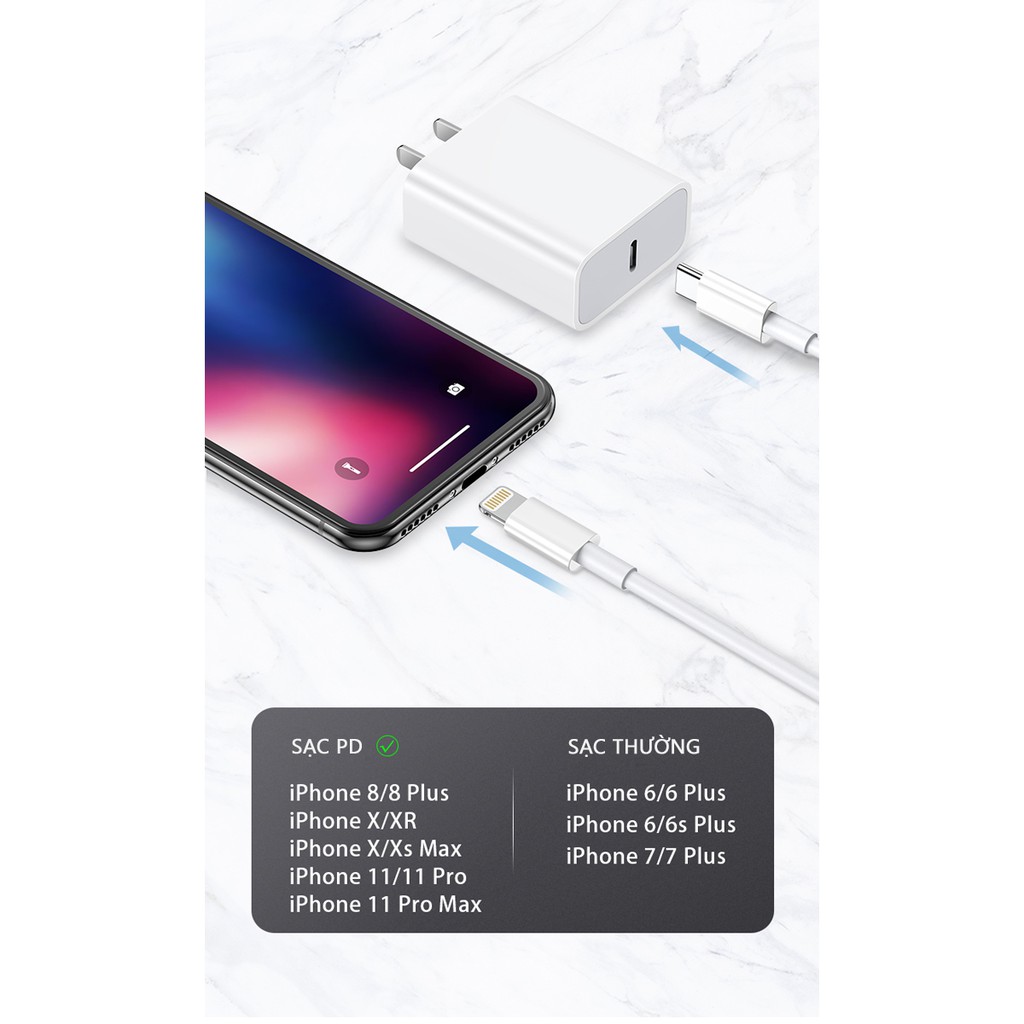 [BẢO HÀNH]bộ sạc nhanh iphone 18w cổng type-c ra lighting iphone 8-ip11pro max