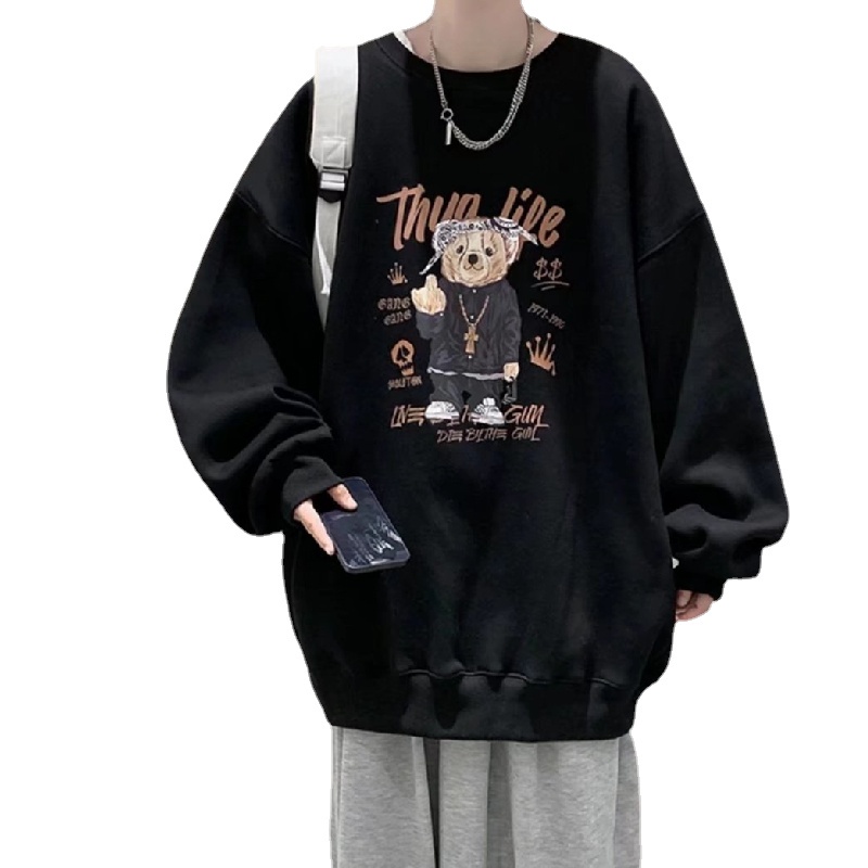 Áo sweater tay dài cổ tròn dáng rộng in họa tiết gấu hoạt hình phong cách Nhật Bản thời trang thu đông cho nam và nữ size M-5XL