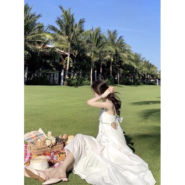 Đầm maxi dài hở lưng đi biển hot trend, Váy 2 dây bản to dáng dài màu trắng, đen đi biển đẹp Maitrangshop92 (TTA98)