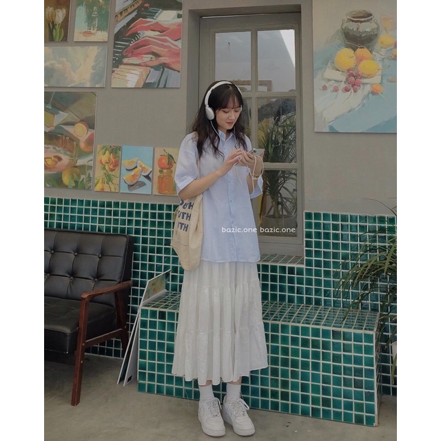 Áo sơ mi cộc tay kẻ sọc chất xốp form rộng oversize l