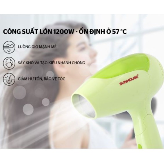 Máy sấy tóc SUNHOUSE SHD2302- Chính hãng - Công suất 1200W Tự động ngắt điện khi quá tải.