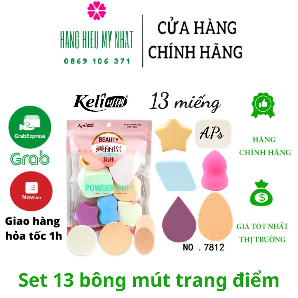[Loại 1] Set 13 bông mút trang điểm,dặm phấn chính hãng KELI - hàng xịn sò