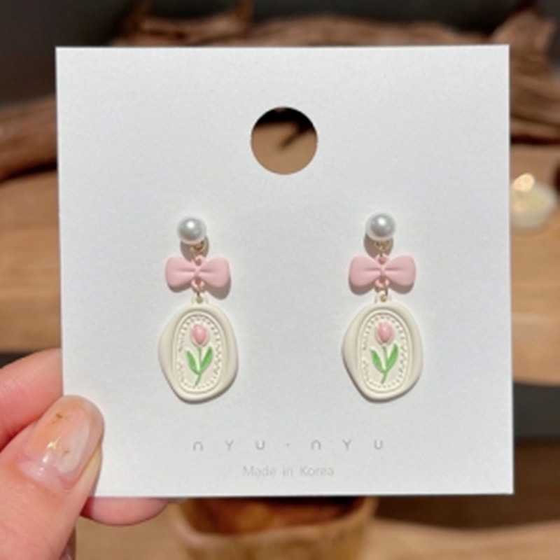 Bông Tai Mạ Bạc 2022 Hình Hoa Tulip Đính Ngọc Trai Giả Dễ Thương