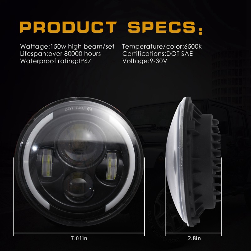 Đèn Pha Led Hình Tròn 7 Inch 200w Cho Xe Jeep Wrangler Jk Lj Tj Cj 97-18