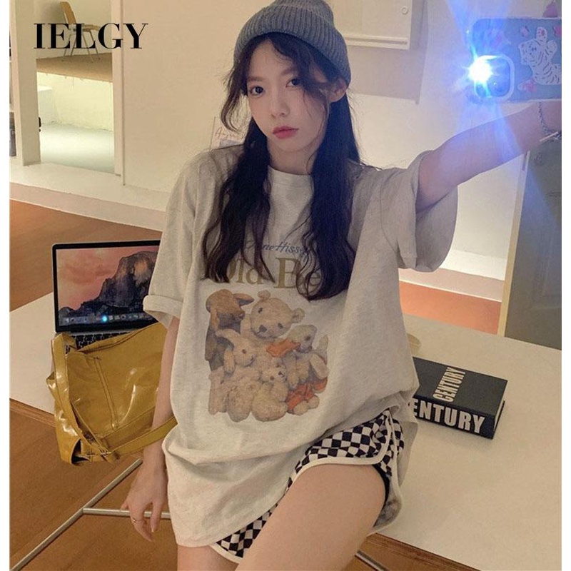 Áo thun IELGY tay ngắn dáng rộng in hình chú gấu dễ phối đồ cá tính cho nữ