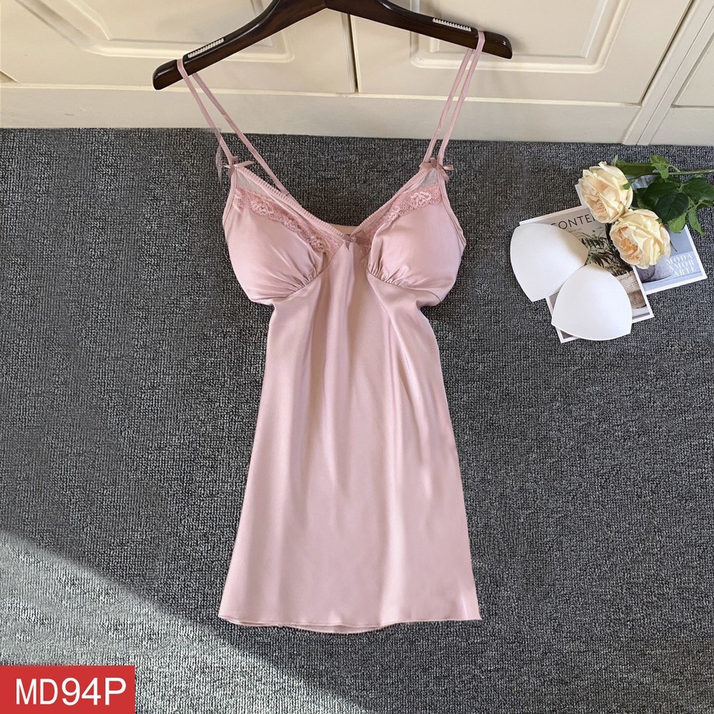 Váy Ngủ Hai Dây Lụa Satin Phối Ren AMAKA AMK-D94