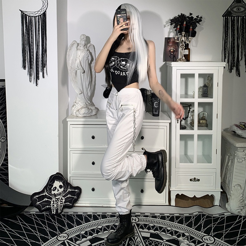 Quần Jogger Lưng Cao Phối Dây Xích Kim Loại Phong Cách Hip Hop Harajuku Cá Tính Cho Nữ