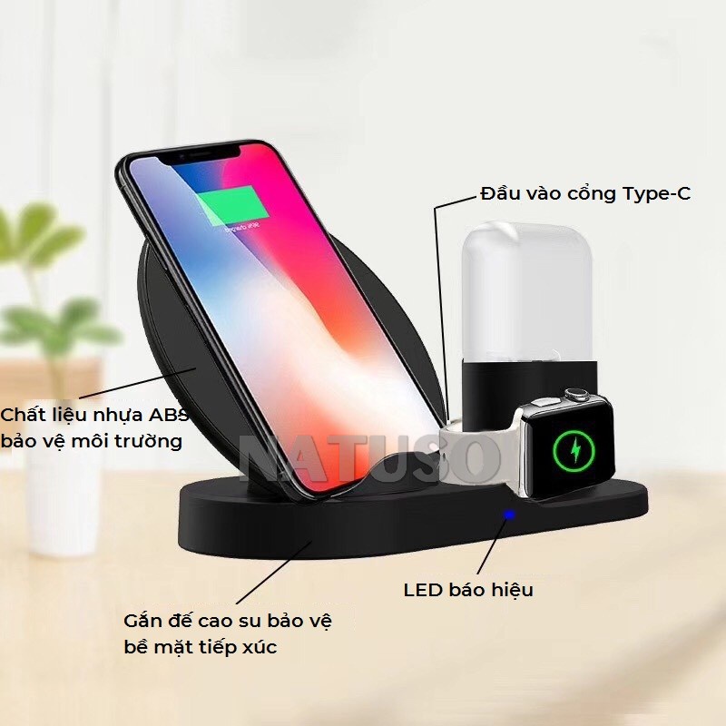Đế sạc không dây 3 trong 1 sạc nhanh 10w Natuso