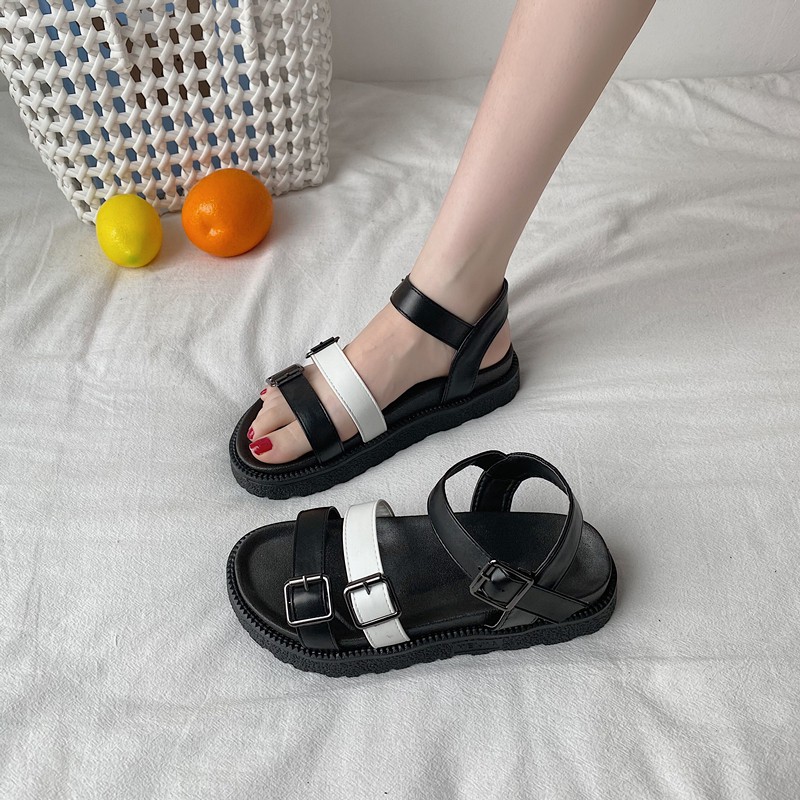 SANDAL ULZZANG HAI QUAI ÊM CHÂN, KHÔNG THẤM NƯỚC ĐEN TRẮNG ẢNH THẬT