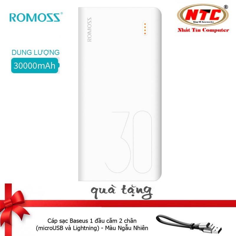 Pin sạc dự phòng lõi Polymer Romoss Sense 8 30000mAh - Tặng cáp Baseus 1 đầu 2 chân 23cm - Hãng phân phối chính thức