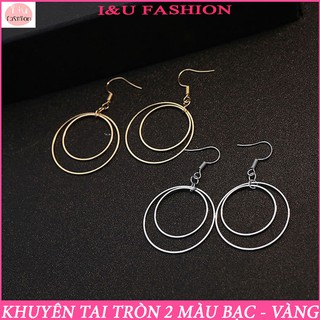 Bông tai khuyên tai tròn 2 lớp chất kiệu kim loại 2 màu Bạc - Vàng đơn giản nữ tính cho nữ KT-21