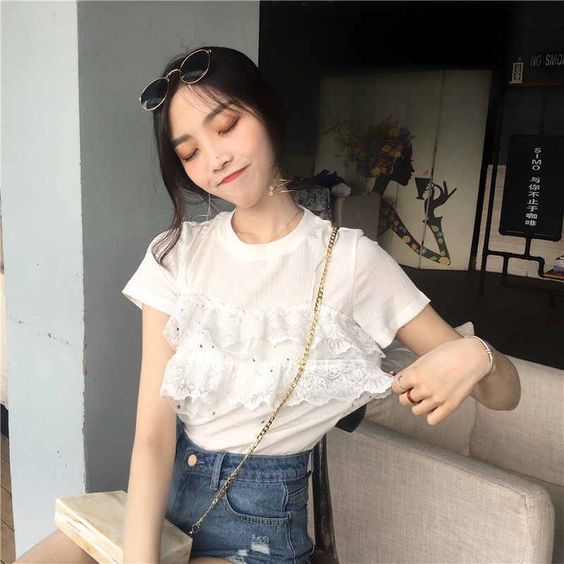 Áo Thun Tay Ngắn Giả Hai Lớp Phong Cách Hàn Quốc Cho Nữ | BigBuy360 - bigbuy360.vn