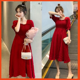 Đầm, Váy Bầu Công Sở, Dự Tiệc AZUNO AZ010 Cổ Vuông, Dáng Dài Qua Gối, Mặc Mùa Hè, Phong Cách Dễ Thương