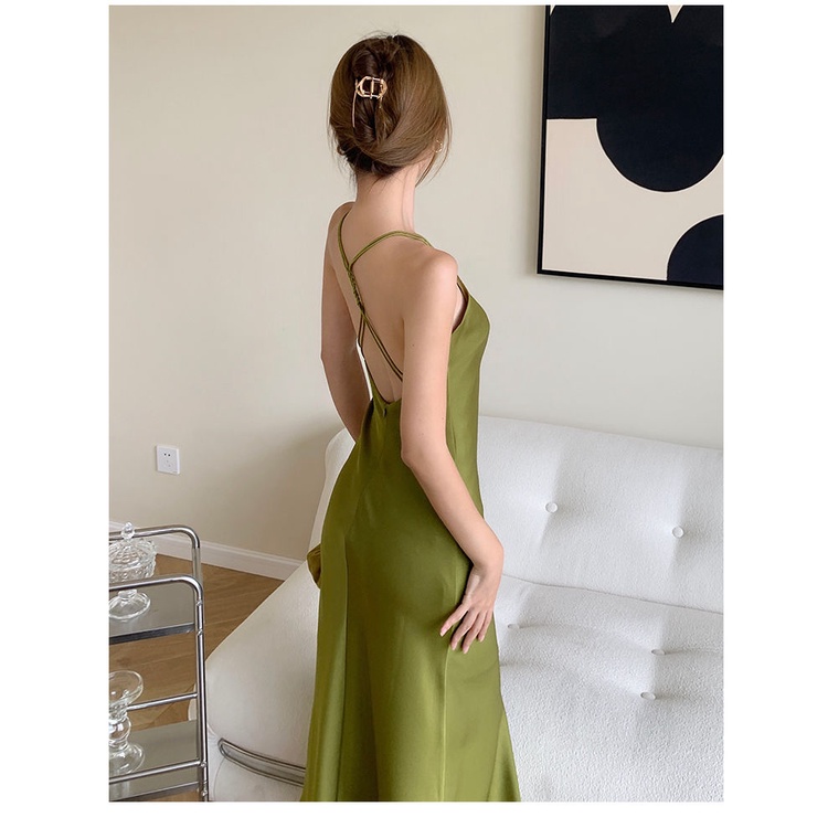Đầm hai dây hở lưng dáng ôm màu xanh lục thời trang quyến rũ dành cho nữ