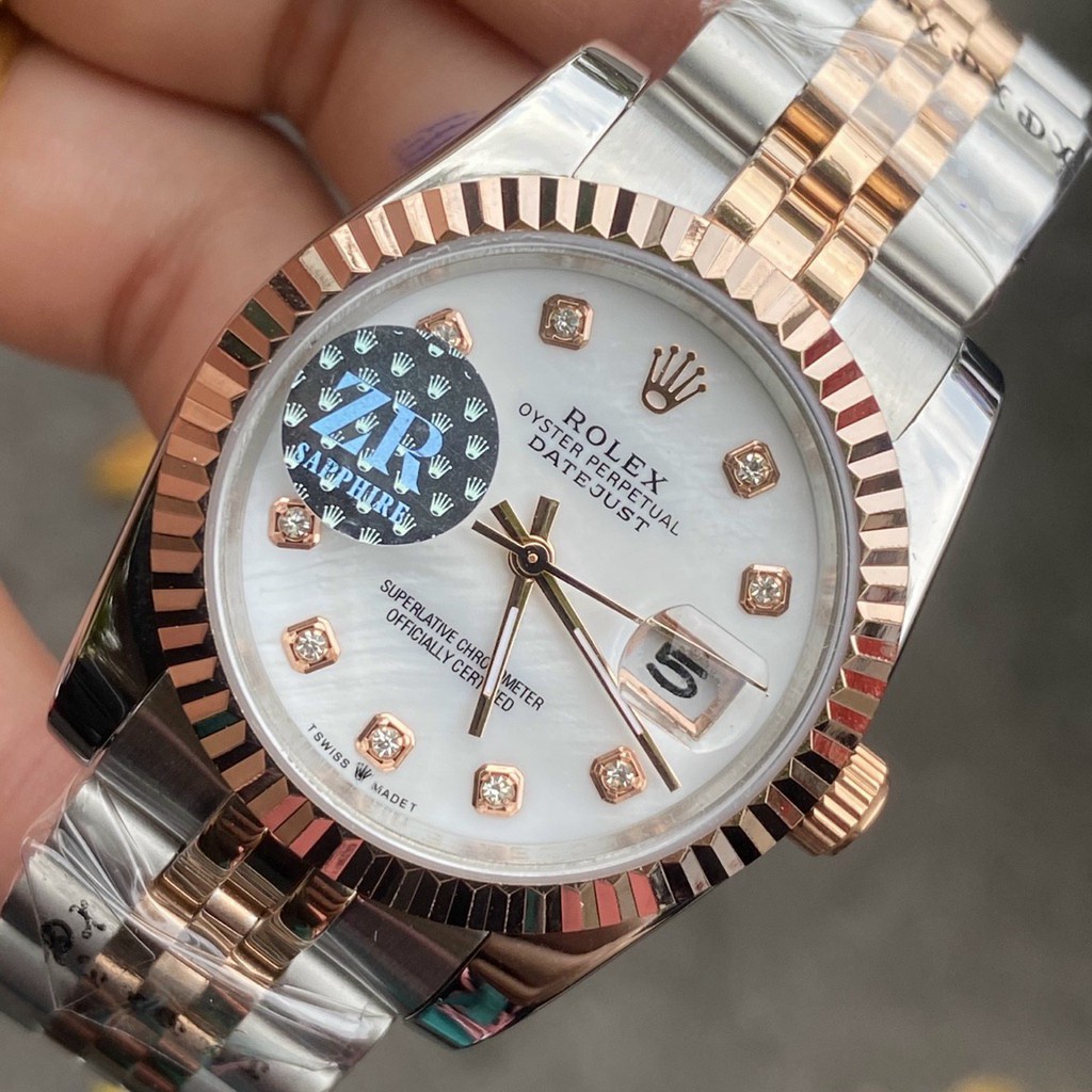 Đồng hồ Nam Rolex máy nhật mặt khảm trai vỏ vàng hồng số đá dòng cơ Automatic size 38mm