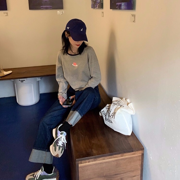 SUXI Áo Thun Tay Dài Cổ Tròn Màu Sắc Đơn Giản Cho Nữ