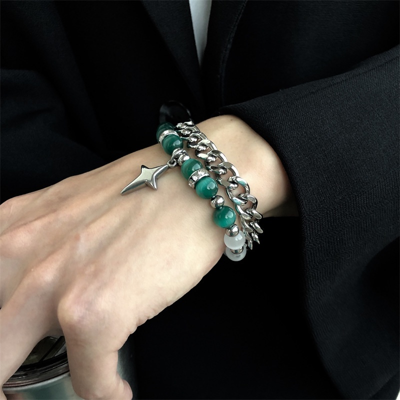 Vòng Tay Hai Lớp Bằng Thép Titan Mắt Mèo Đính Ngọc Trai Thiết Kế Sang Trọng Cho Nam Và Nữ