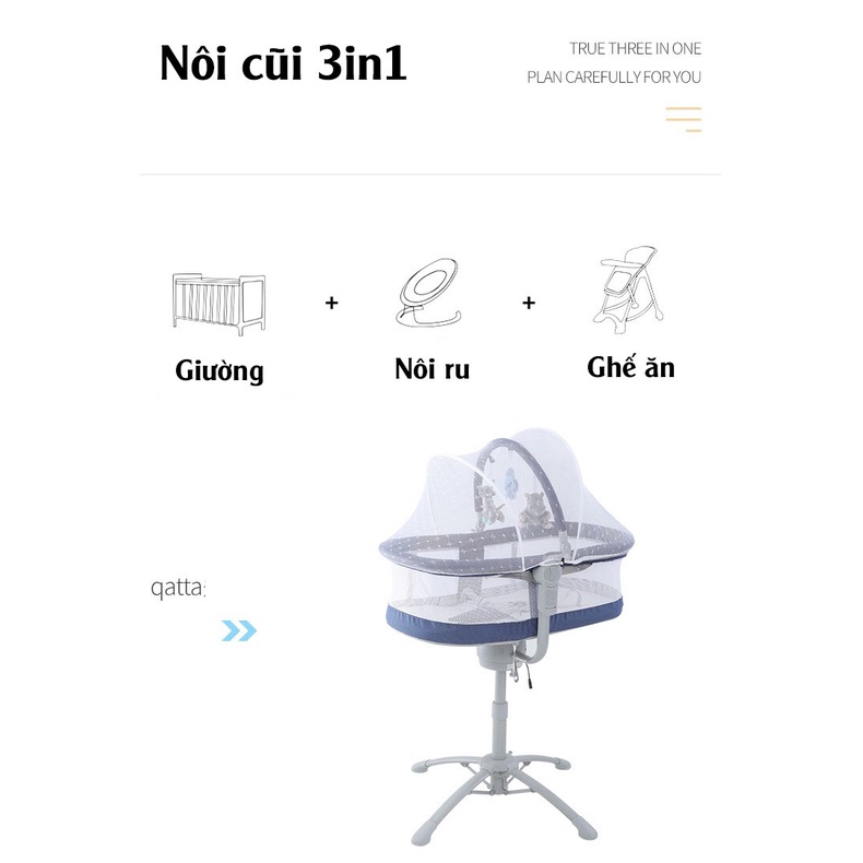 Nôi cũi điện đa năng 3in1 Qatta 6 cấp độ ru, có hẹn giờ, nhạc ru có thể điều khiển từ xa, biến thành ghế ăn dặm cho bé