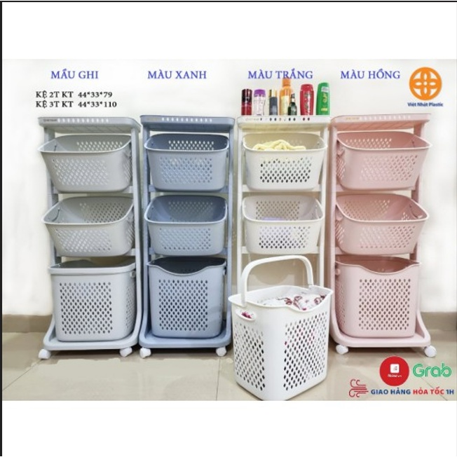 Kệ đựng đồ 3 tầng đa năng có thể tách riêng để di chuyển, Rổ đựng quần áo 3 tầng có bánh xe nhựa Việt Nhật