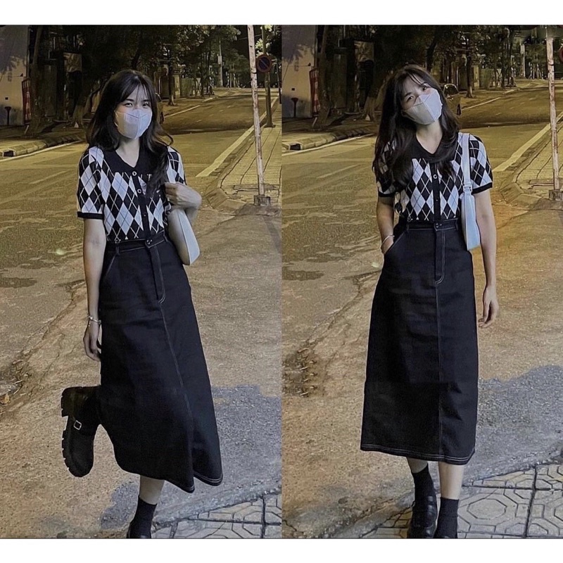 Chân Váy Jean Chỉ Nổi Nữ [FREESHIP]  Đầm mini dáng suông, jeans bò cạp cao xẻ sau lưng đẹp cá tính Ulzzang