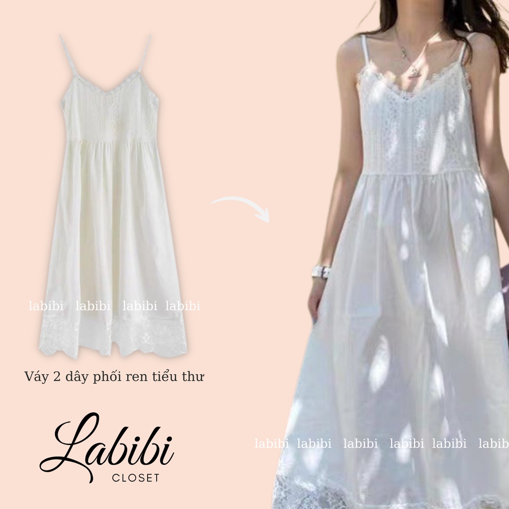 Váy 2 Dây Trắng Phối Ren Tiểu Thư Hai Lớp Chất Thô Thoáng Mát, Labibi