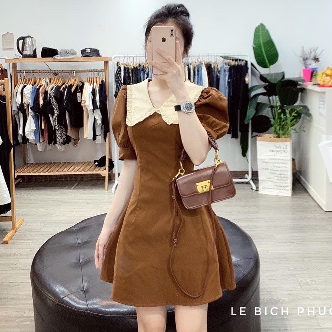 Đầm sơ mi tay ngắn chữ A phối cổ viền dáng xòe màu sắc ( Đen ,Da ,Nâu ) Xinh Sắn dạo phố đi tiệc điệu đà nữ tính thời t