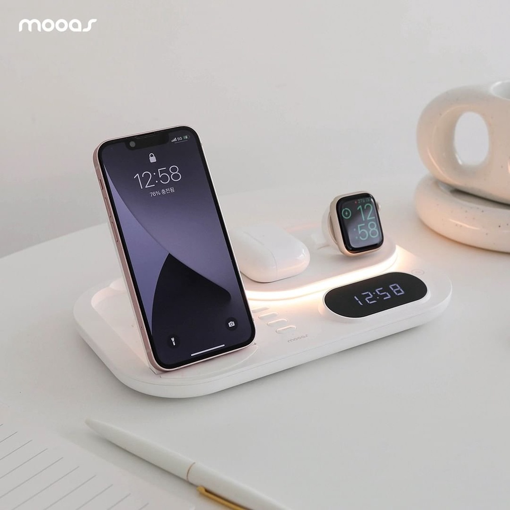 Sạc không dây Mooas đa năng 4in1 có đồng hồ và đèn tuỳ chỉnh theo ý thích - chĩnh hãng