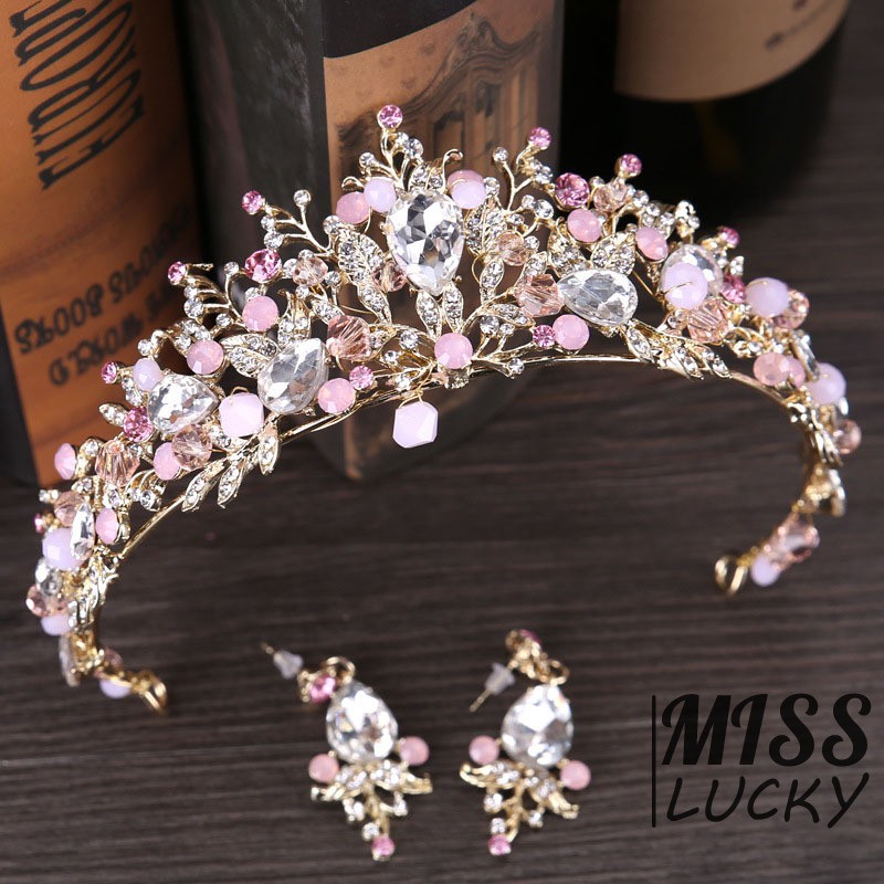 Set 1 vương miện + 1 đôi khuyên tai nữ đính đá thời trang