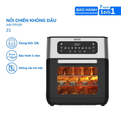 Nồi Chiên Không Dầu Kèm Chức Năng Nướng 10 Lít, Nút Bấm Cảm Ứng, Cửa Tháo Rời, Full Phụ Kiện Eroc V-Z1 Bảo Hành 12 Tháng