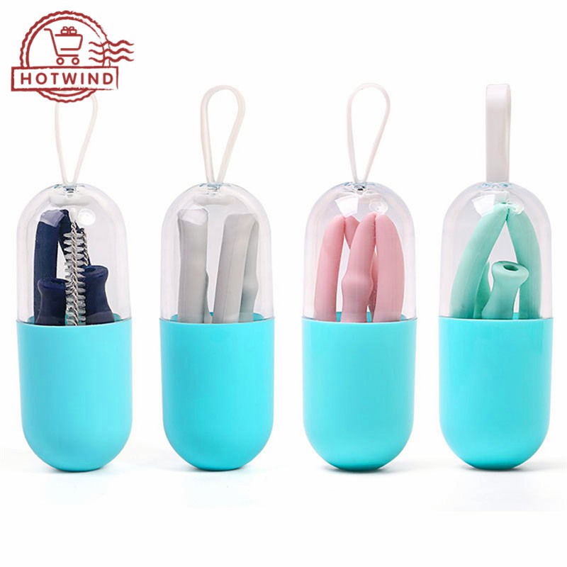 Ống hút silicon gấp gọn kèm hộp đựng và cọ rửa tiện lợi