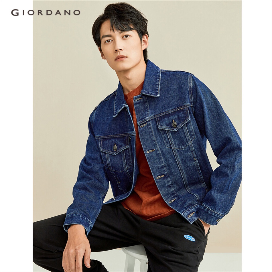 Áo khoác jean phối cotton GIORDANO 13071886 cổ đứng nhiều túi cá tính cho nam