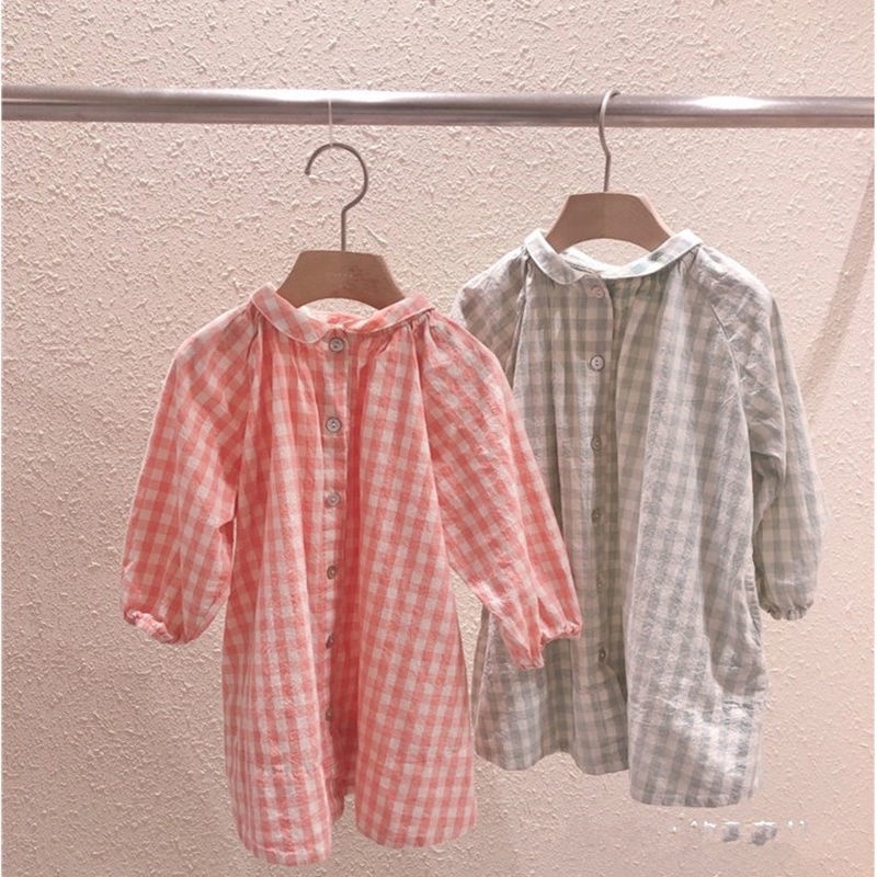 Đầm sơ mi cotton cổ bẻ kẻ sọc caro phong cách Hàn Quốc mới cho bé gái 2021