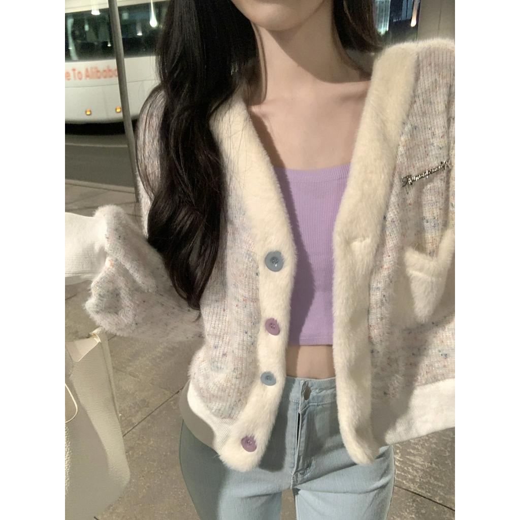 Áo Khoác cardigan Dáng Ngắn Form Ôm Họa Tiết Chấm Bi Màu Cầu Vồng Ngọt Ngào