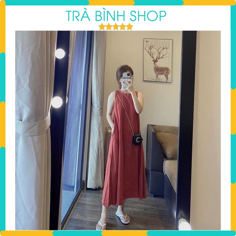 Đầm Sát Nách Chất Đũi Trơn Dáng Dài Váy Ba Lỗ Cổ Tròn Siêu Thoáng Mát Đi Chơi Đi Biển