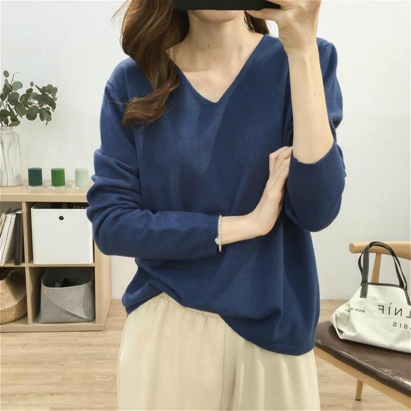 Áo Len Tay Dài Cổ Chữ V Màu Sắc Thanh Lịch Cho Nữ