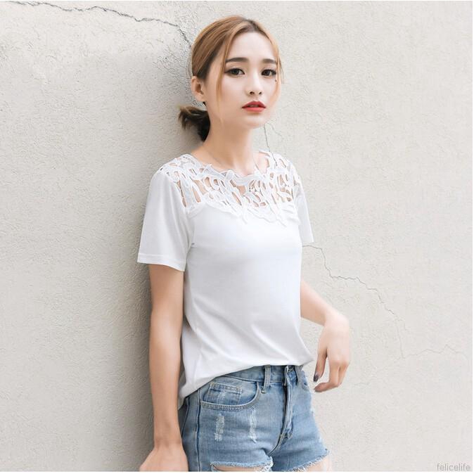 Áo tay ngắn phối lớp ren hoa xinh xắn cho nữ